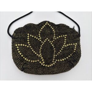 Vintage Holiday Fair Jet Bag Beaded Bag Black Gold Flower Holiday Clutch Purse